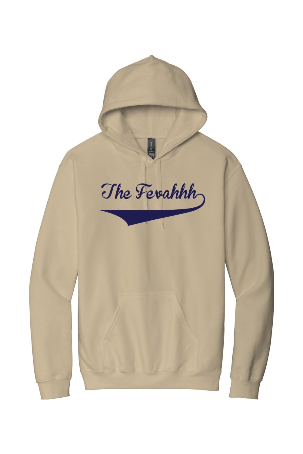 Beige cotton hoodie with a navy blue The Fevahhh script logo and front kangaroo pocket.