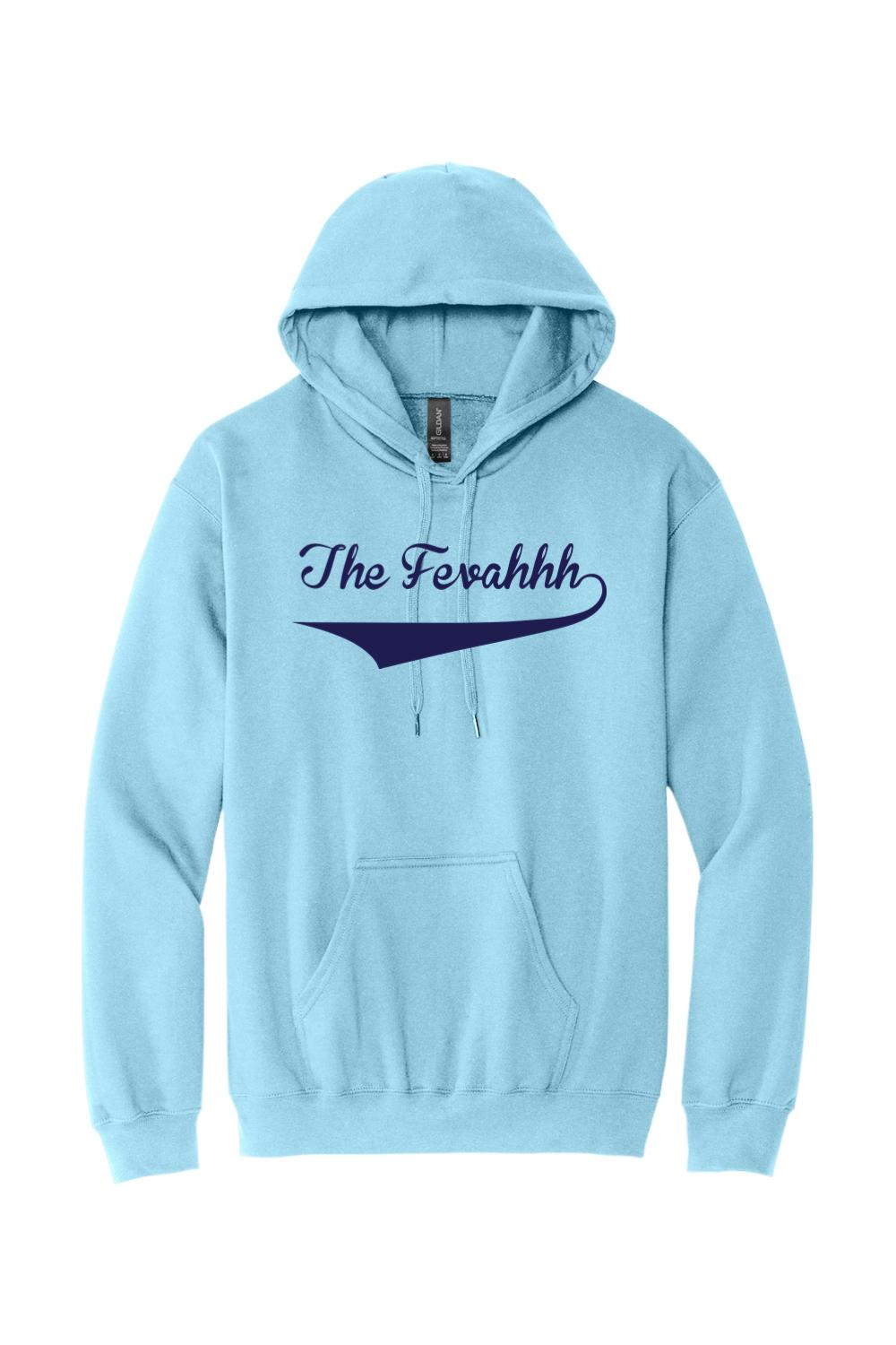 Light blue cotton hoodie with a navy blue cursive The Fevahhh logo and a front kangaroo pocket.