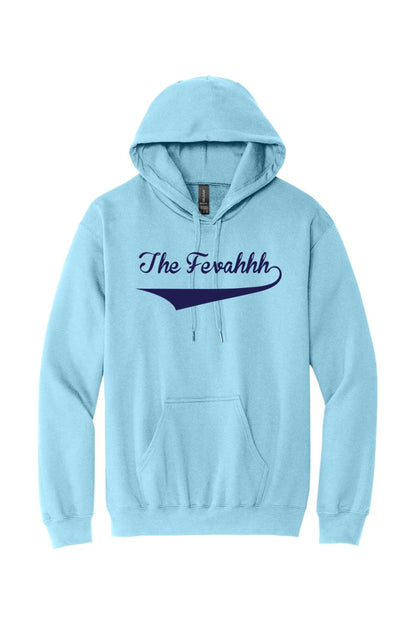 Light blue cotton hoodie with a navy blue cursive The Fevahhh logo and a front kangaroo pocket.