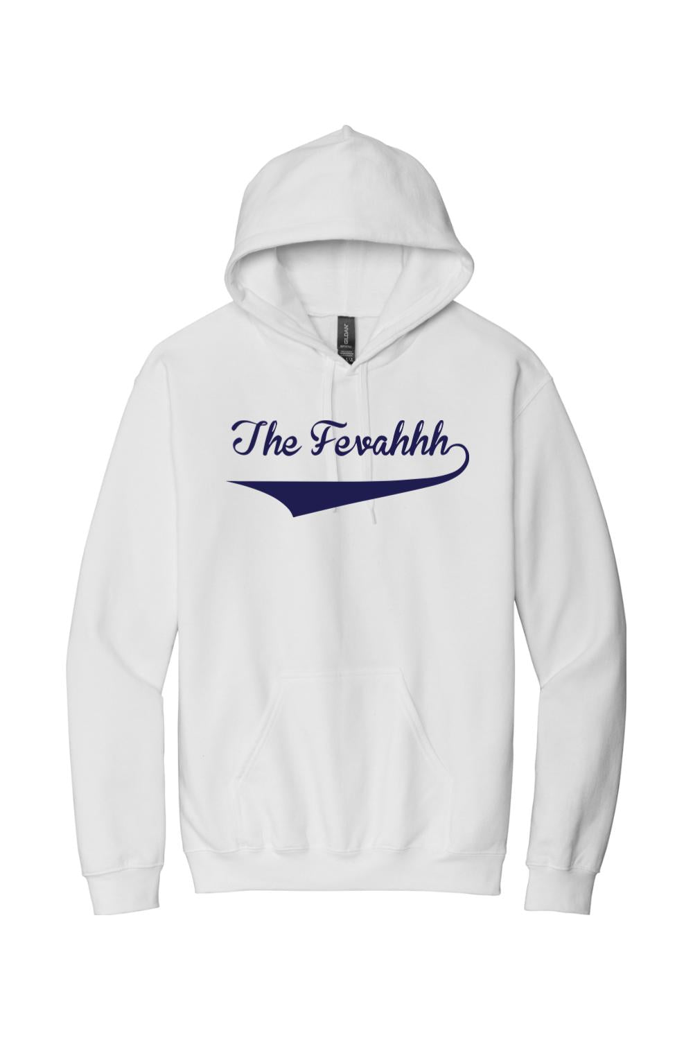 White cotton hoodie featuring The Fevahhh logo in navy blue script with an underline swoosh.
