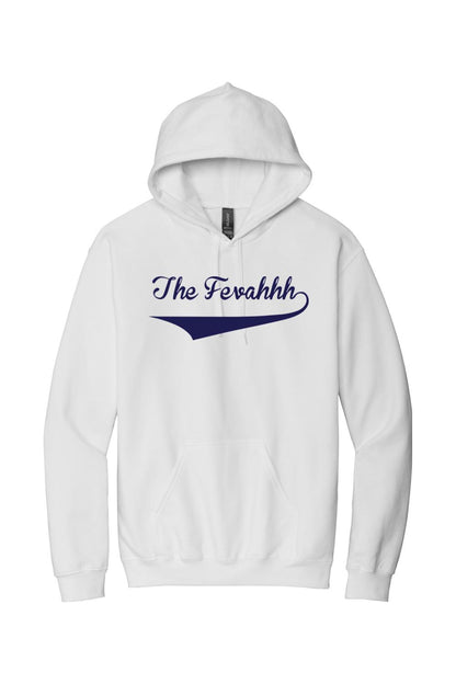 White cotton hoodie featuring The Fevahhh logo in navy blue script with an underline swoosh.