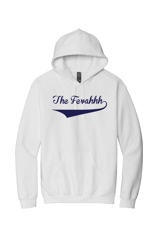 White cotton hoodie featuring The Fevahhh logo in navy blue script with an underline swoosh.