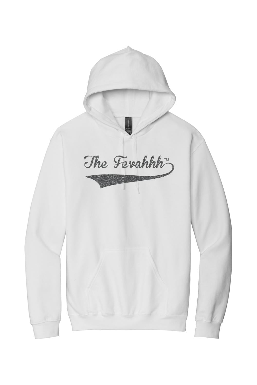 White cotton unisex hoodie featuring The Fevahhh logo in black text with a swoosh design on the chest.