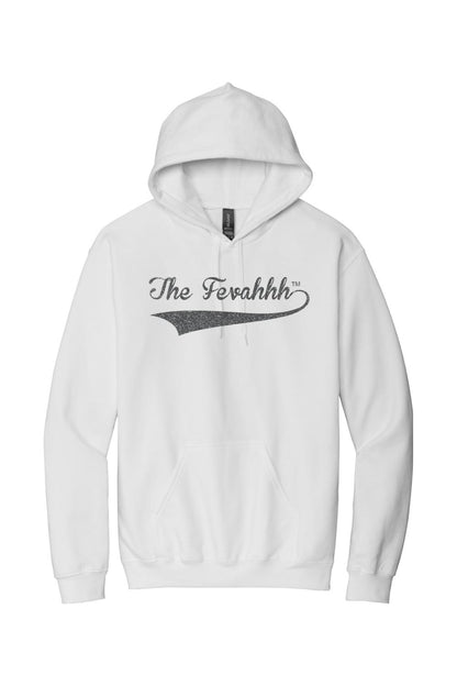 White cotton unisex hoodie featuring The Fevahhh logo in black text with a swoosh design on the chest.