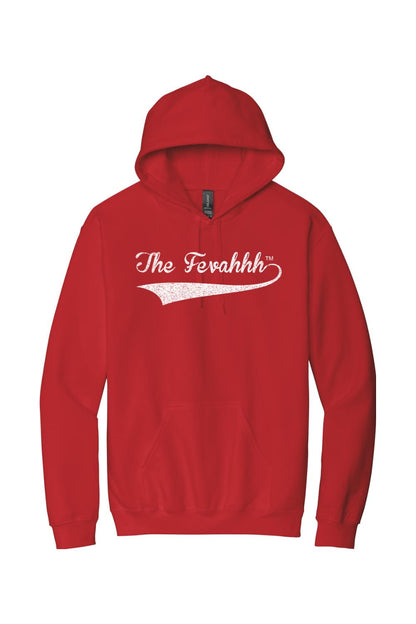 Red unisex hoodie featuring The Fevahhh logo in white distressed text with a swoosh design.