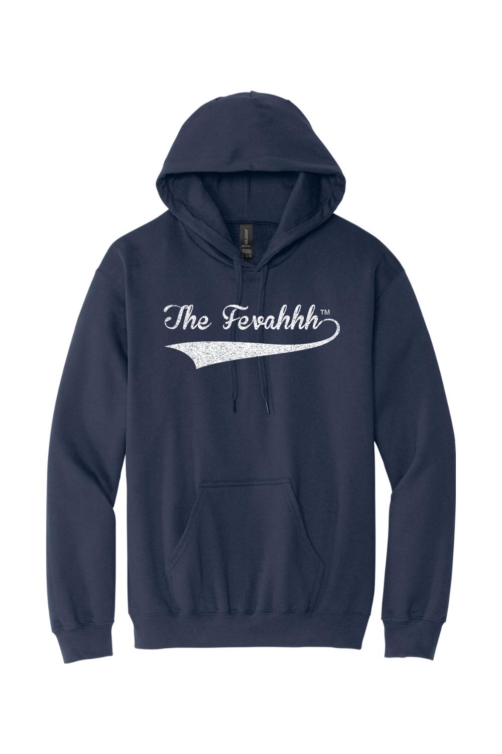 Navy blue unisex cotton hoodie featuring a white distressed The Fevahhh logo with a vintage tail design.