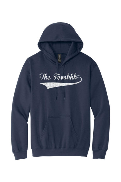 Navy blue unisex cotton hoodie featuring a white distressed The Fevahhh logo with a vintage tail design.