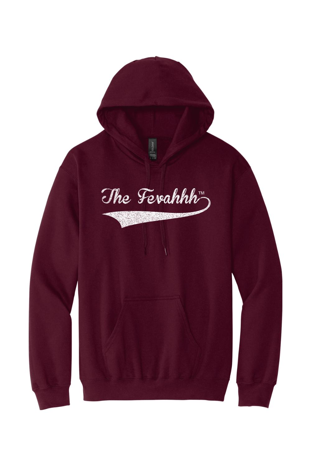 Maroon unisex pullover hoodie featuring a white distressed The Fevahhh script logo and a front kangaroo pocket.