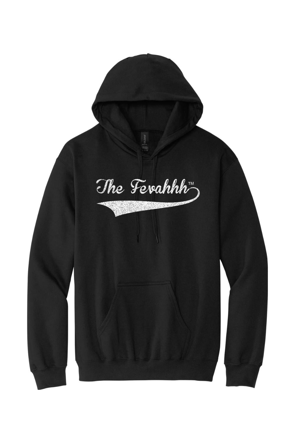 Black unisex cotton hoodie featuring a white distressed The Fevahhh logo graphic on the chest with a front pocket.