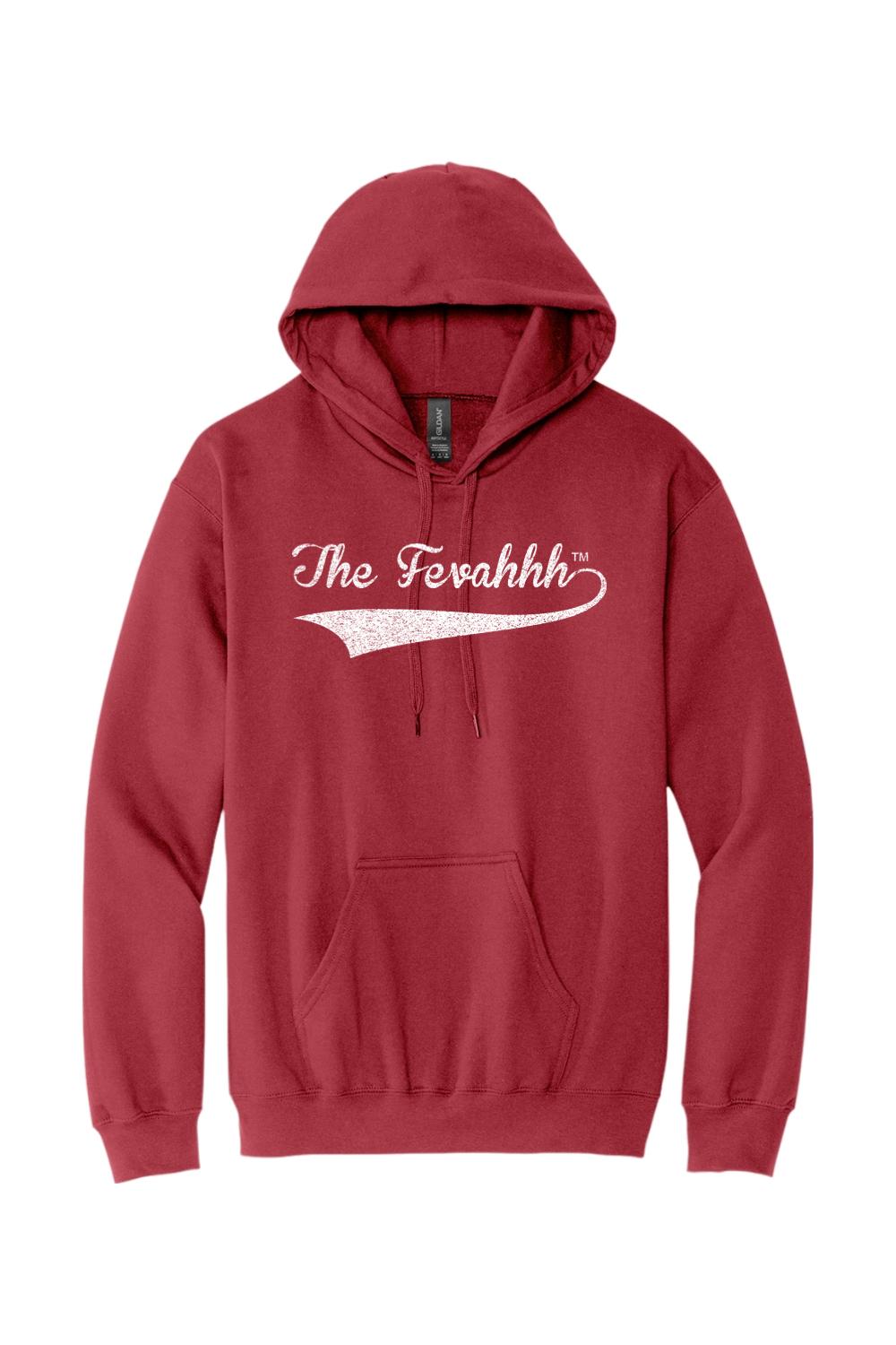 Red unisex cotton hoodie featuring a white distressed The Fevahhh logo with a swoosh design and front kangaroo pocket.