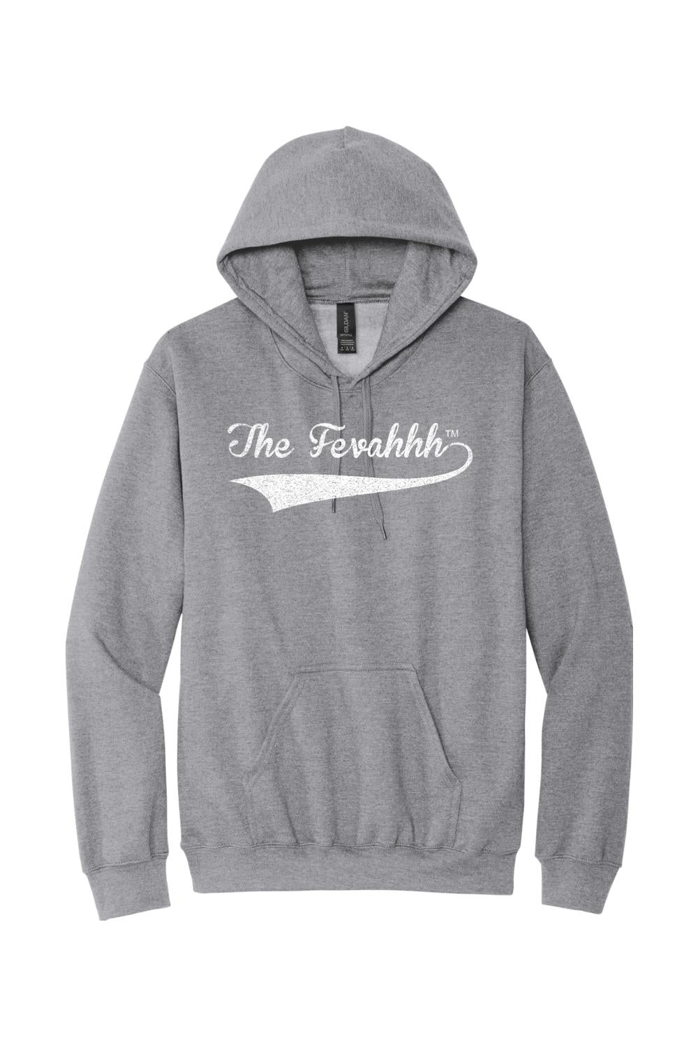 Grey unisex hoodie featuring The Fevahhh logo in white text with a vintage-style tail graphic.