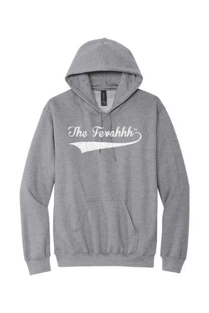 Grey unisex hoodie featuring The Fevahhh logo in white text with a vintage-style tail graphic.