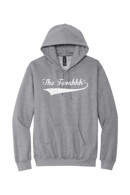 Grey unisex hoodie featuring The Fevahhh logo in white text with a vintage-style tail graphic.