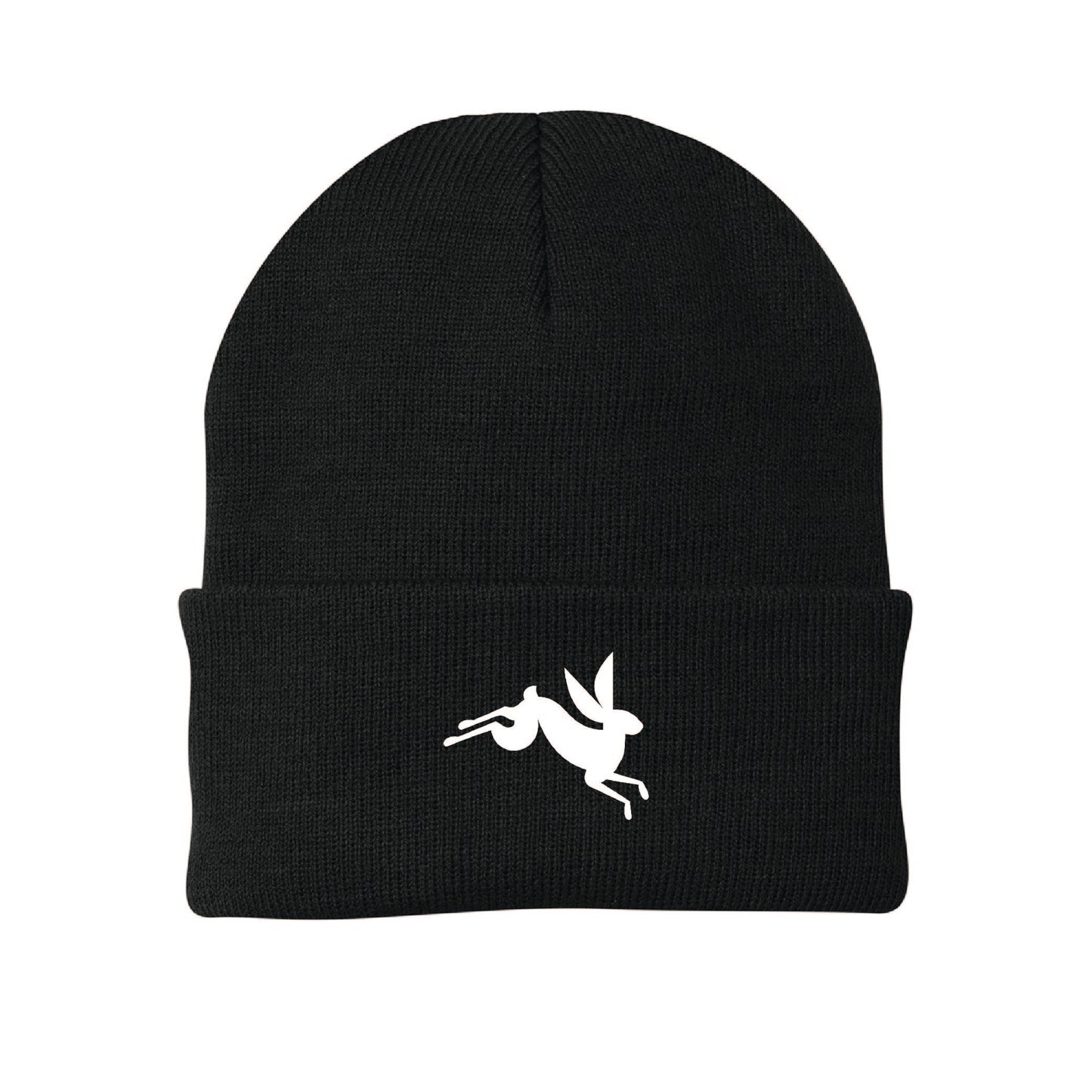 Black knit beanie featuring a white embroidered jumping bunny rabbit design on the folded cuff.