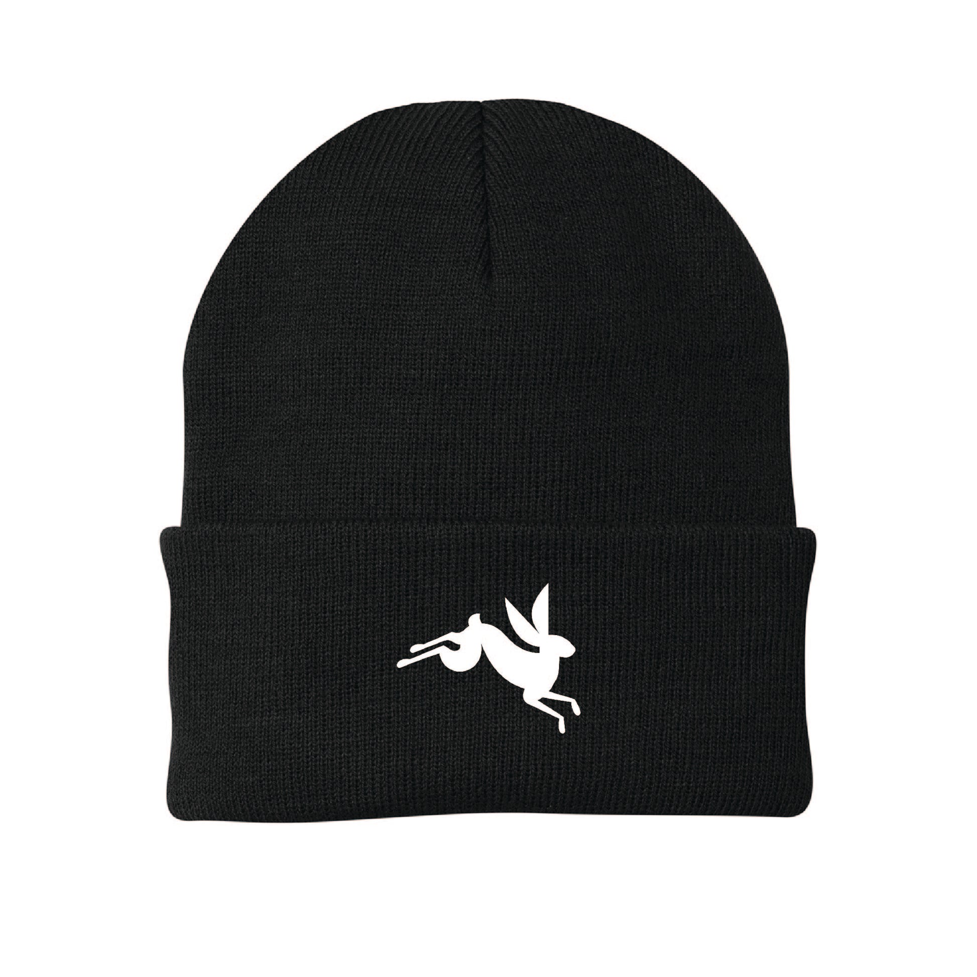Black knit beanie featuring a white embroidered jumping bunny rabbit design on the folded cuff.