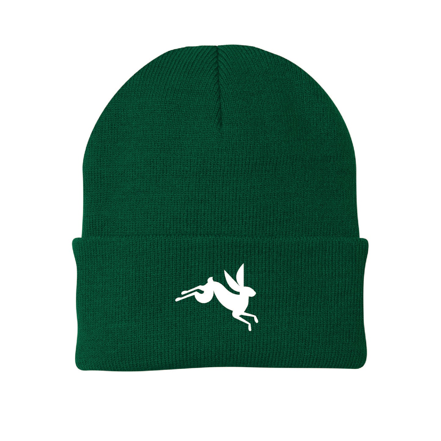 Dark green knit beanie featuring a white embroidered jumping bunny rabbit design on the front cuff.