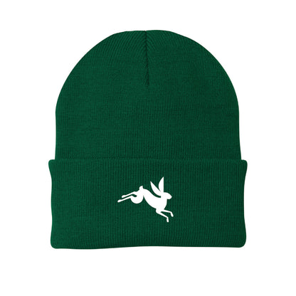 Dark green knit beanie featuring a white embroidered jumping bunny rabbit design on the front cuff.