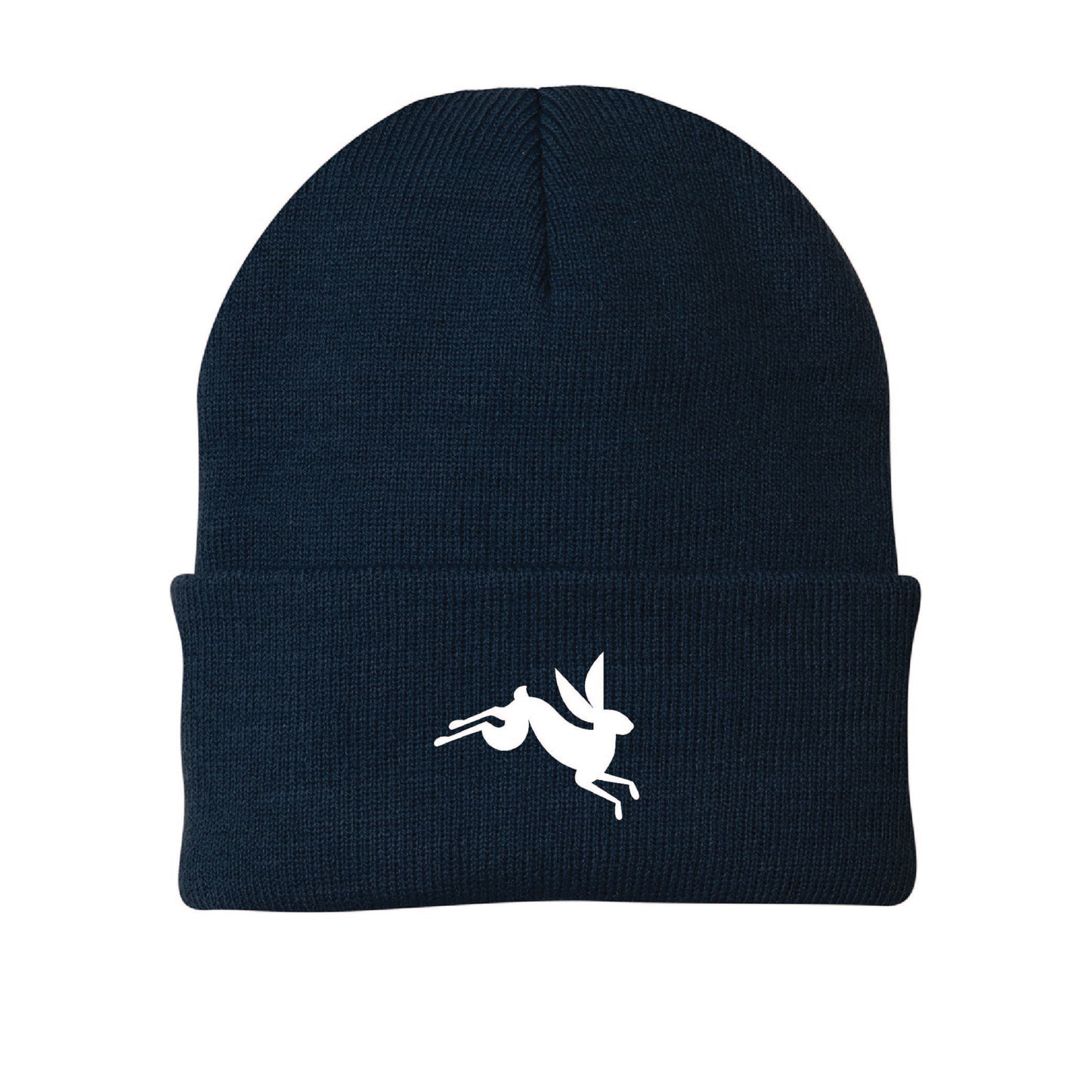 Navy blue knit beanie featuring a white embroidered jumping bunny rabbit design on the folded cuff.