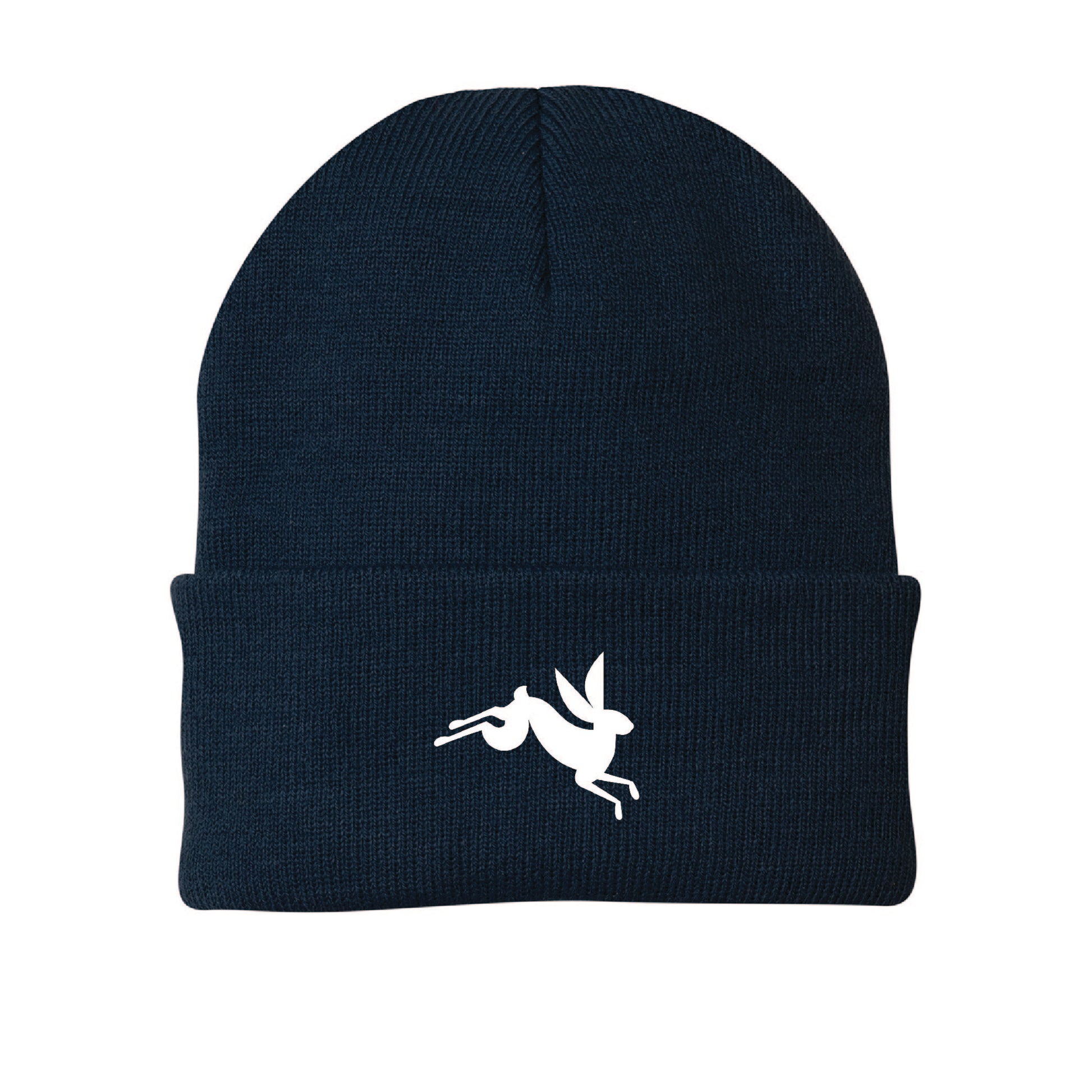 Navy blue knit beanie featuring a white embroidered jumping bunny rabbit design on the folded cuff.