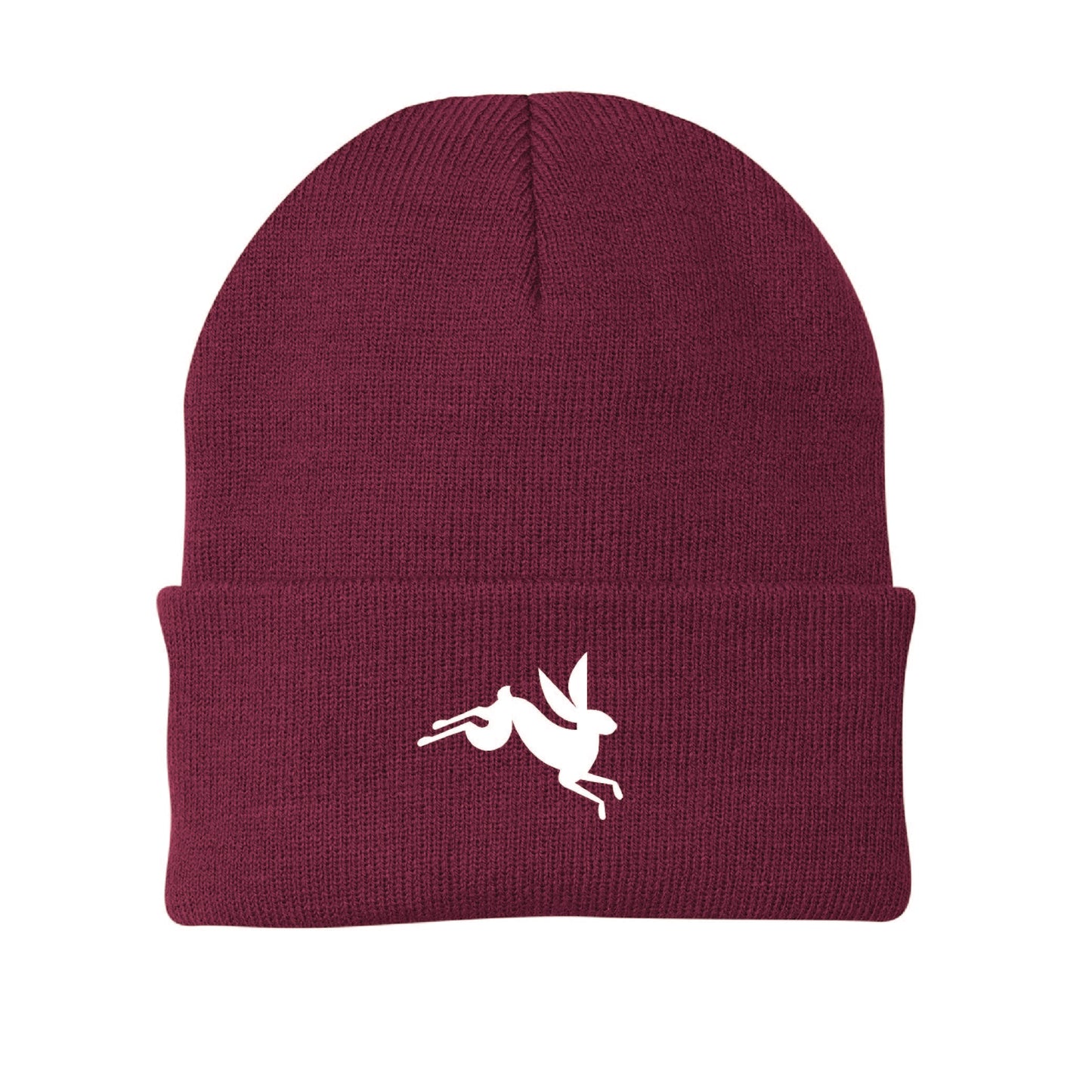 Maroon knit beanie featuring a white graphic of a jumping bunny on the folded cuff.