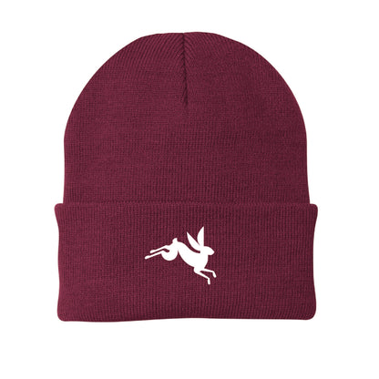 Maroon knit beanie featuring a white graphic of a jumping bunny on the folded cuff.