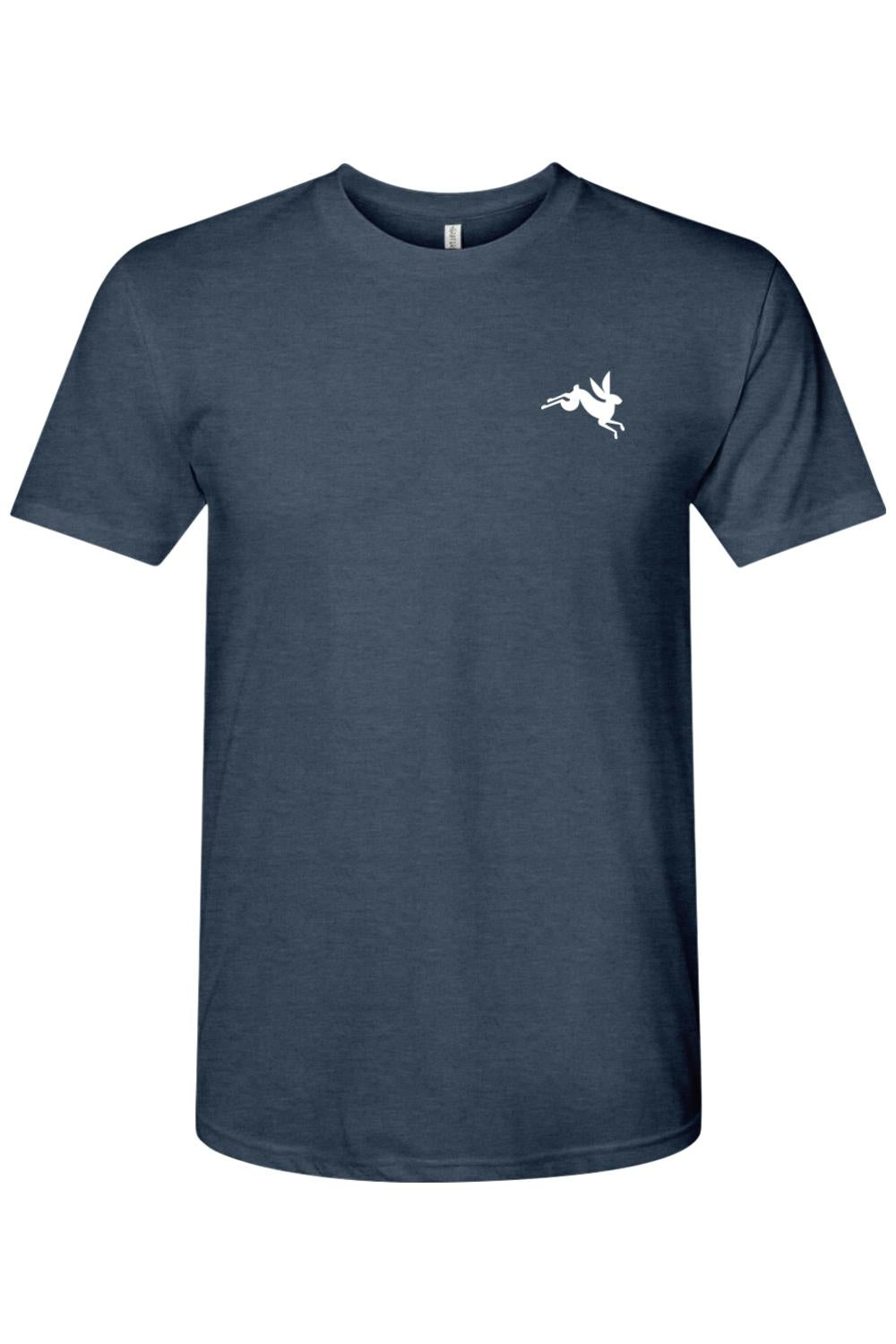 Navy blue triblend crewneck t-shirt featuring a small white leaping bunny graphic on the left chest.