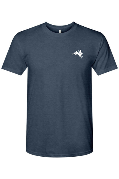 Navy blue triblend crewneck t-shirt featuring a small white leaping bunny graphic on the left chest.