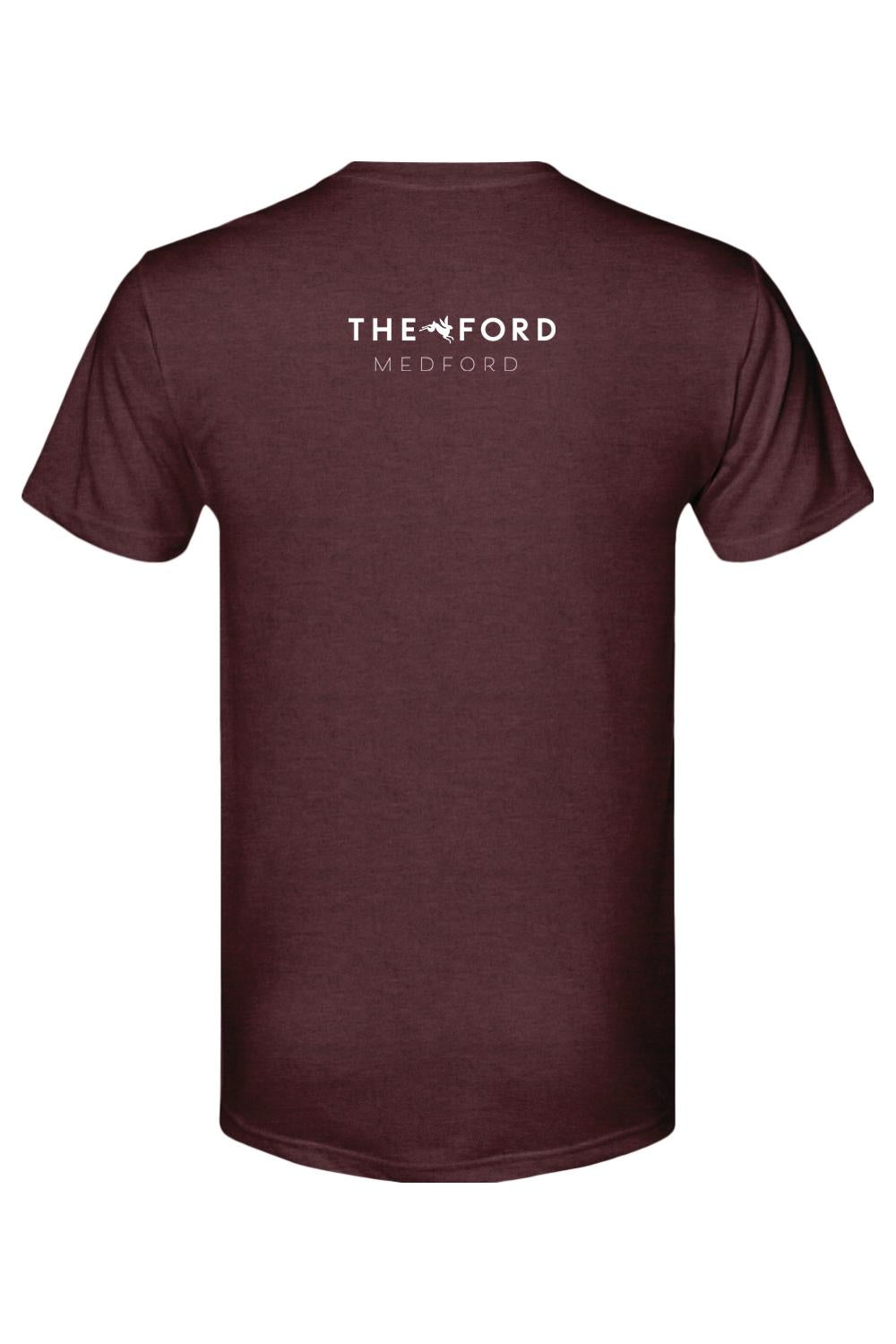 Maroon triblend t-shirt featuring The Ford Medford logo with a small white bunny graphic on the back.