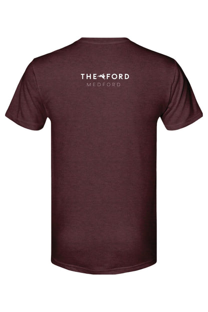 Maroon triblend t-shirt featuring The Ford Medford logo with a small white bunny graphic on the back.