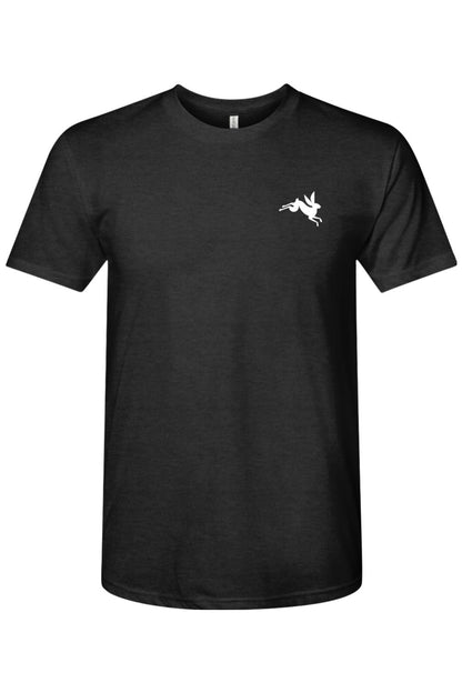 Black triblend crewneck t-shirt featuring a small white leaping bunny graphic on the left chest.