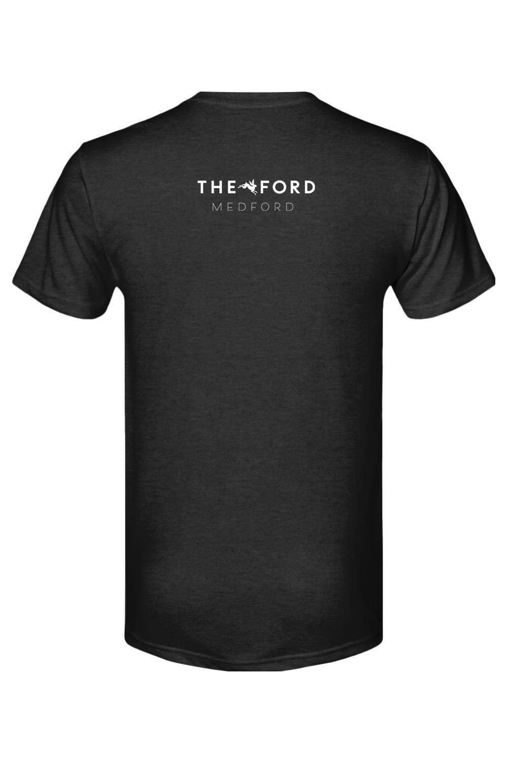 Black triblend t-shirt featuring a white The Ford Medford logo with a small bunny icon on the upper back.