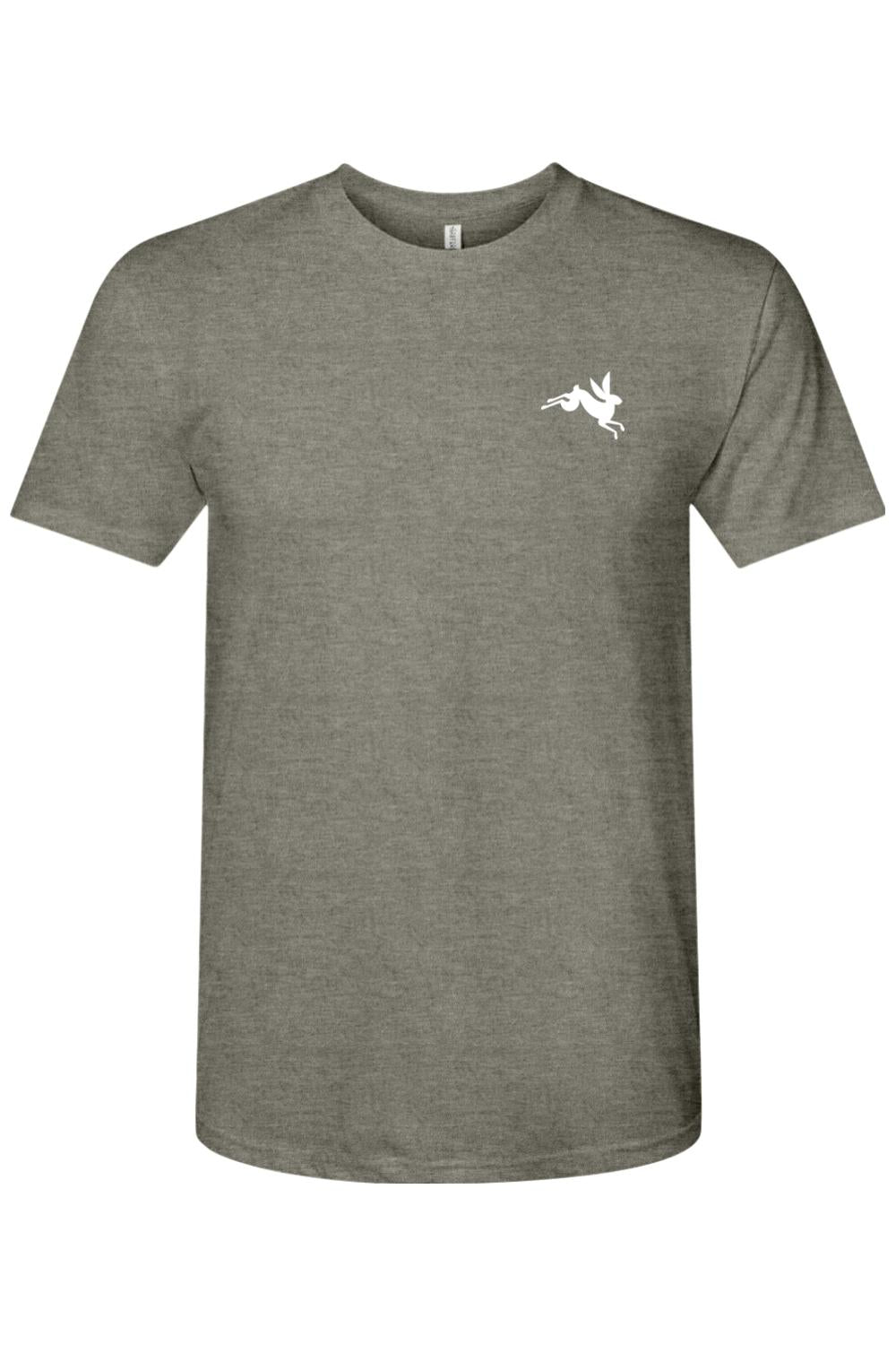 Grey triblend crewneck t-shirt featuring a small white leaping bunny graphic on the left chest.