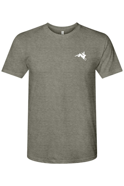 Grey triblend crewneck t-shirt featuring a small white leaping bunny graphic on the left chest.