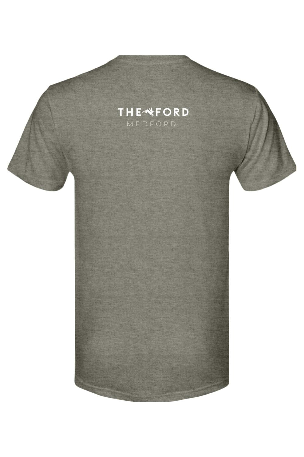 Grey heathered triblend t-shirt featuring a white The Ford Medford logo with a bunny icon on the back.