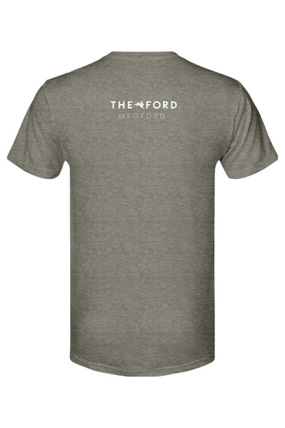 Grey heathered triblend t-shirt featuring a white The Ford Medford logo with a bunny icon on the back.