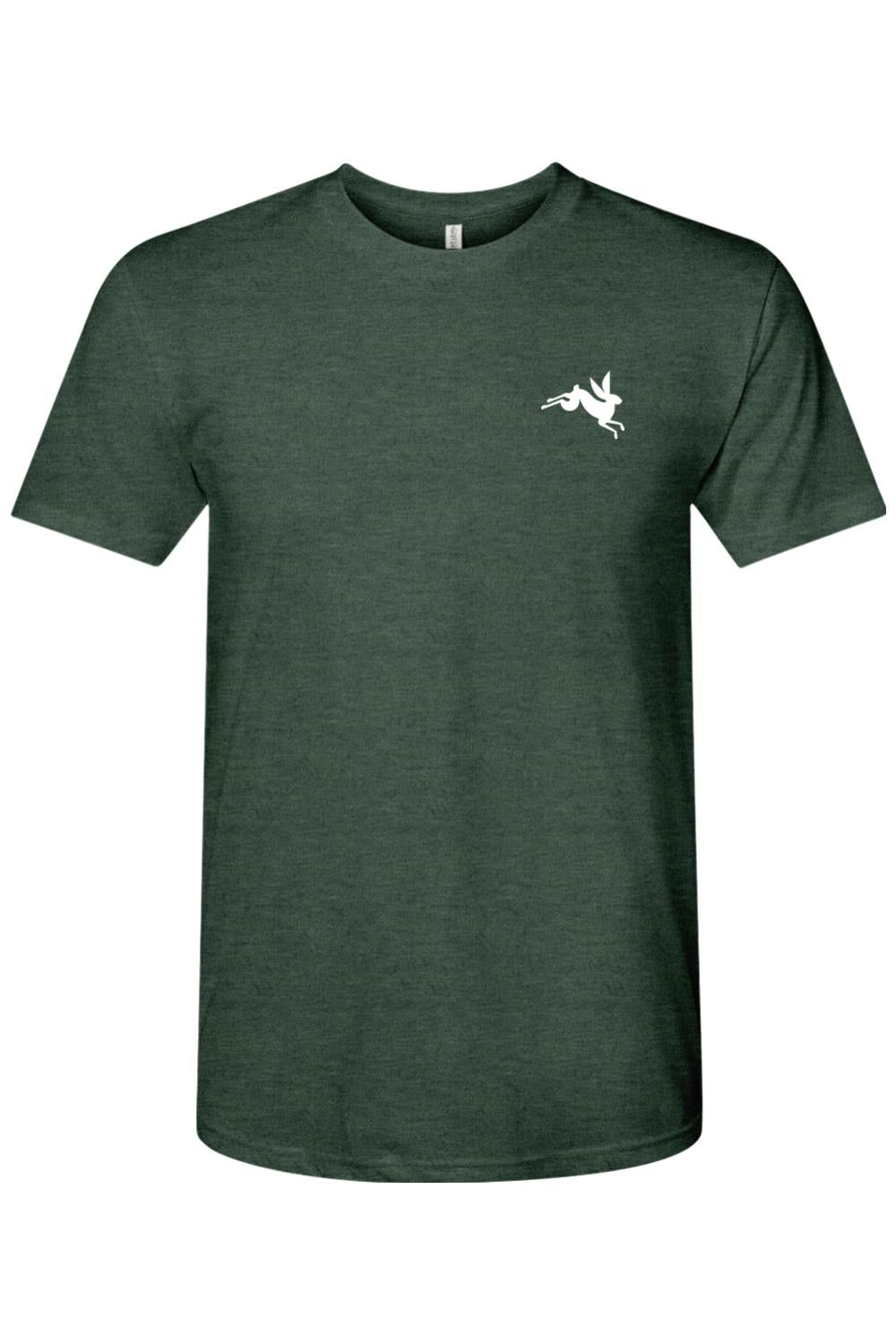 Dark green heathered triblend t-shirt featuring a small white leaping bunny graphic on the left chest.