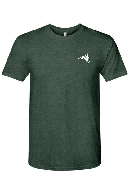 Dark green heathered triblend t-shirt featuring a small white leaping bunny graphic on the left chest.