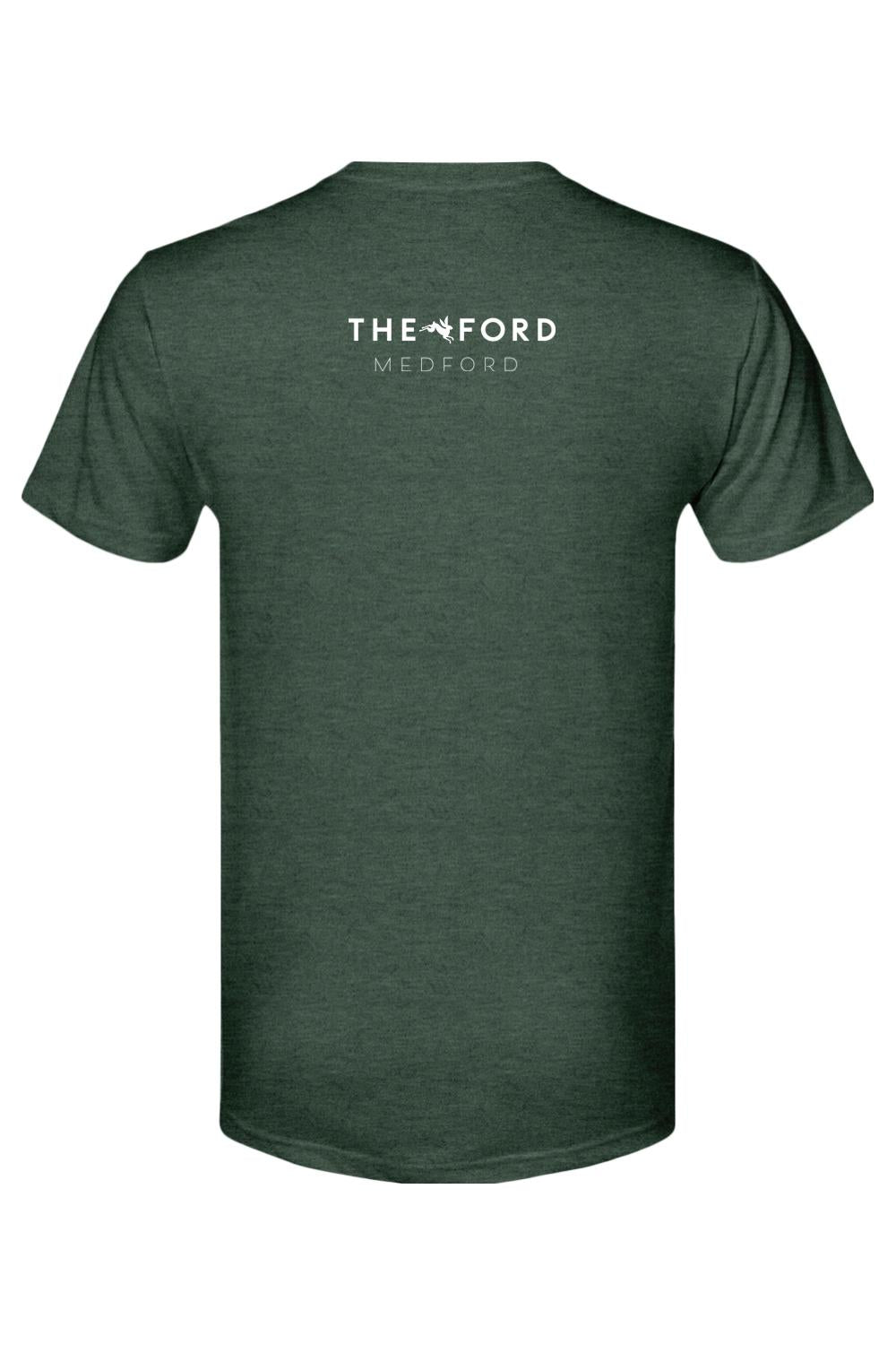 Dark green triblend t-shirt featuring a white The Ford Medford logo with a bunny icon on the back.