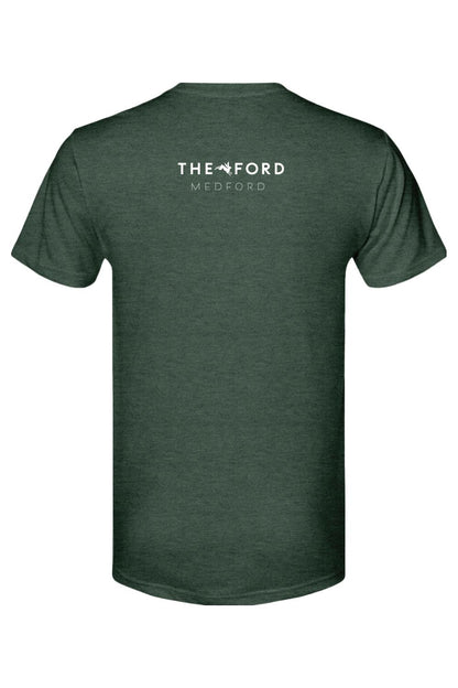 Dark green triblend t-shirt featuring a white The Ford Medford logo with a bunny icon on the back.