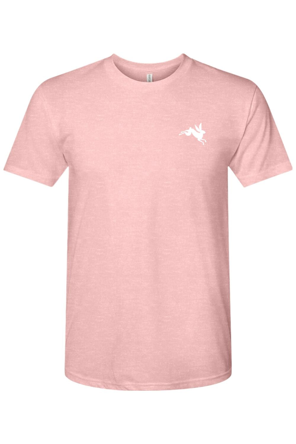 Soft pink triblend crewneck t-shirt featuring a small white leaping bunny graphic on the left chest.