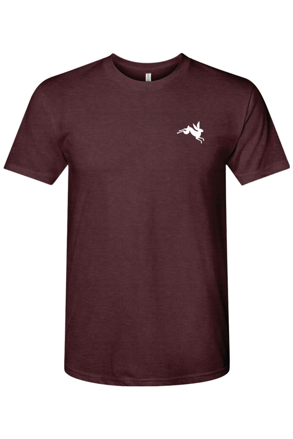 Maroon triblend crewneck t-shirt featuring a small white leaping bunny graphic on the left chest.