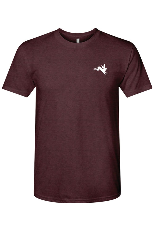 Maroon triblend crewneck t-shirt featuring a small white leaping bunny graphic on the left chest.