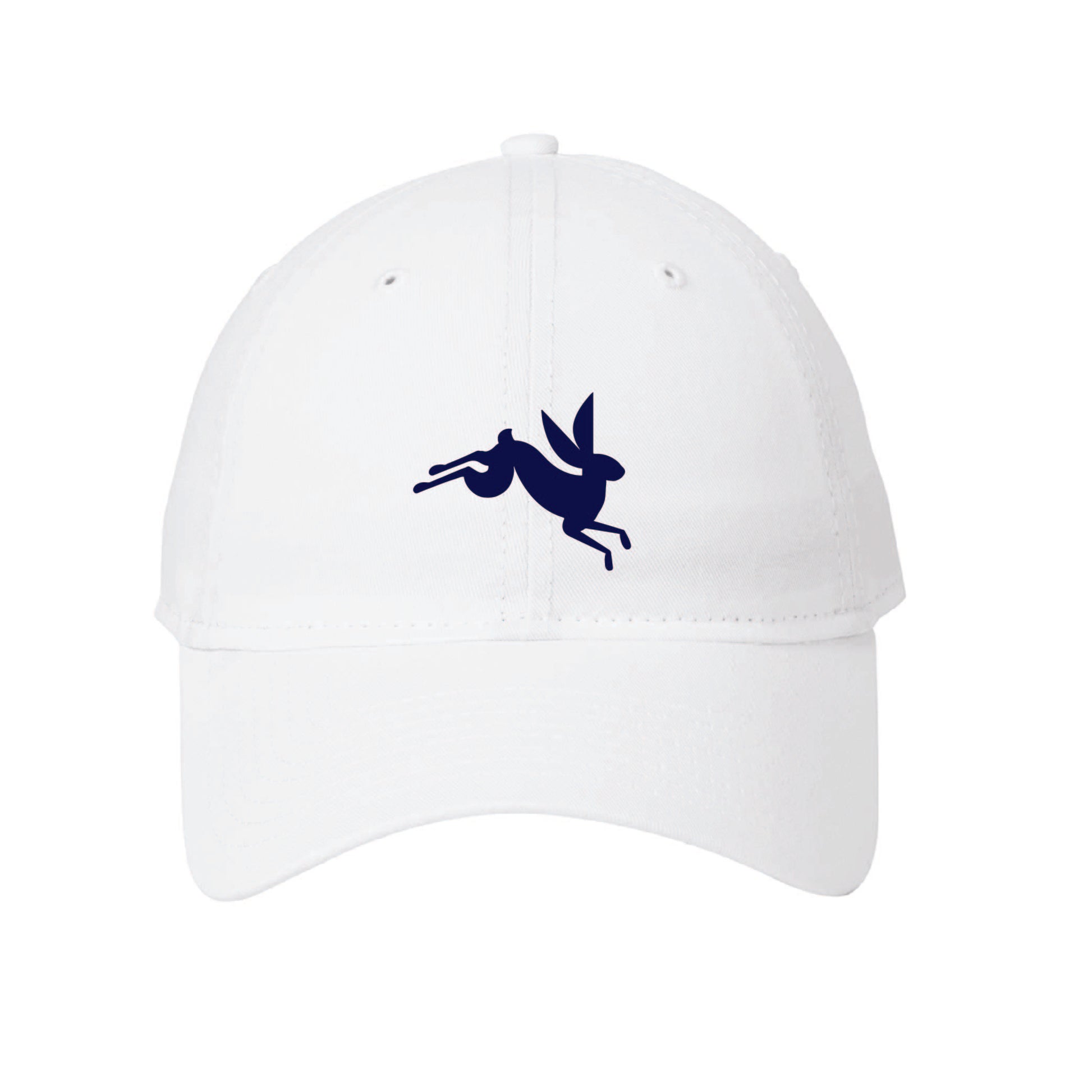 White unstructured cotton cap featuring a navy blue jumping Ford bunny logo on the front.