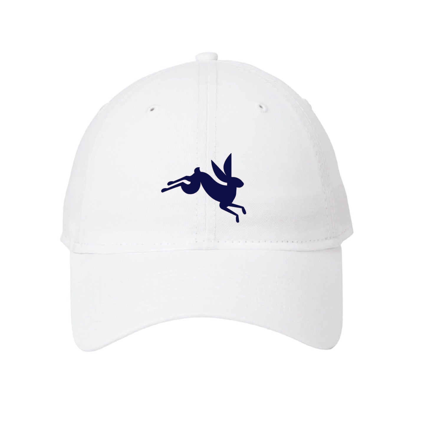 White unstructured baseball cap featuring a navy blue Ford bunny logo on the front panel.
