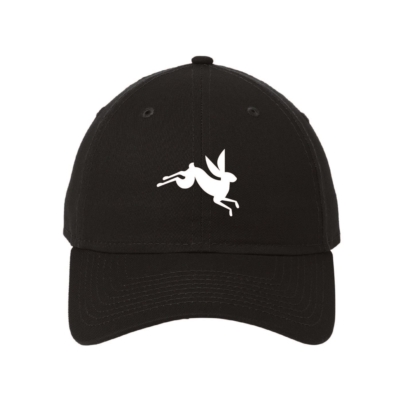 Black unstructured cotton baseball cap featuring a white leaping Ford bunny logo on the front panel.