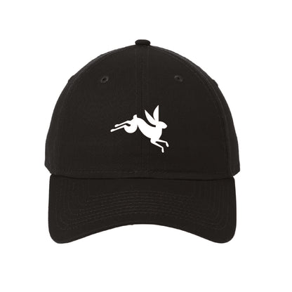 Black unstructured cotton baseball cap featuring a white leaping Ford bunny logo on the front panel.