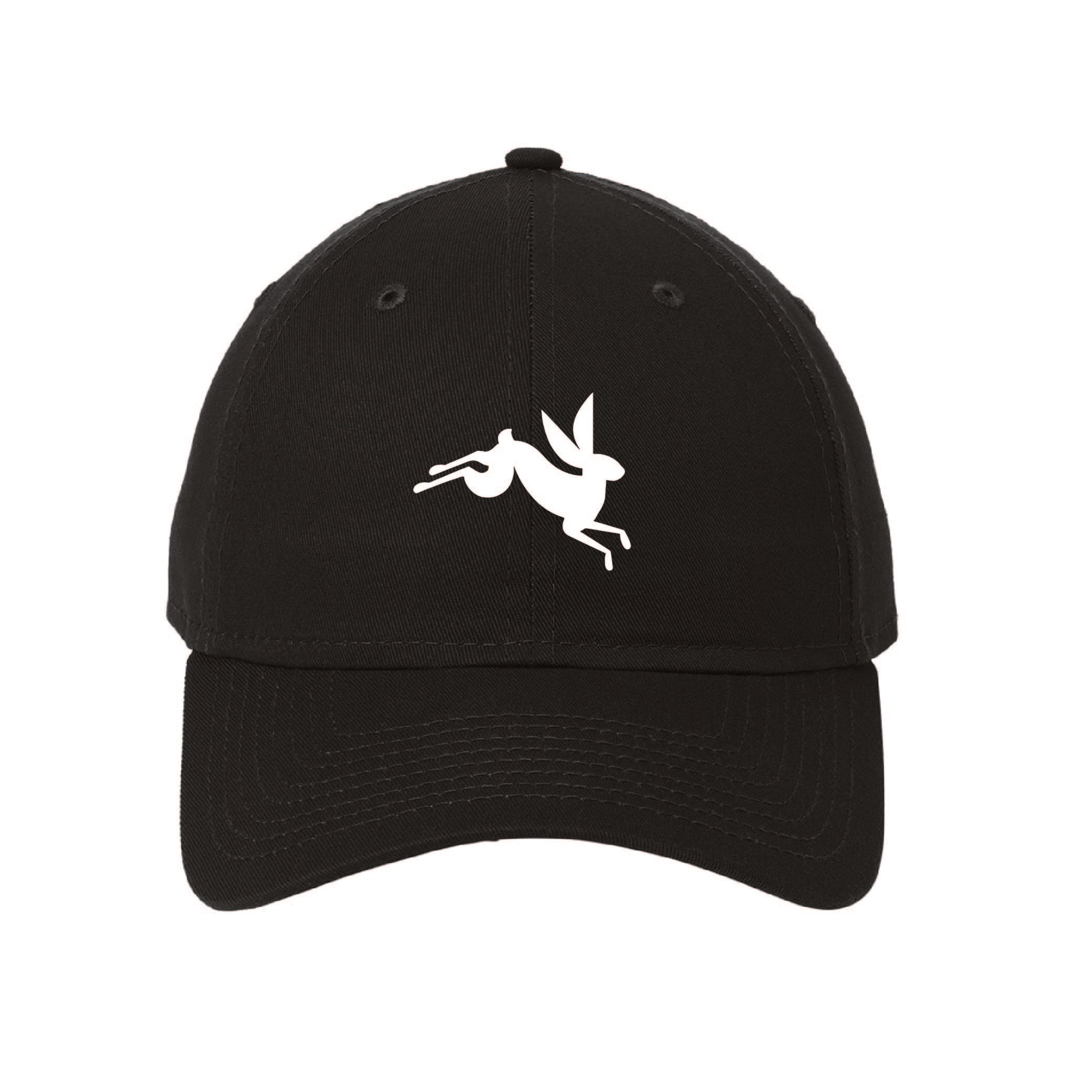 Black unstructured cotton cap featuring a white leaping Ford bunny logo on the front panel.