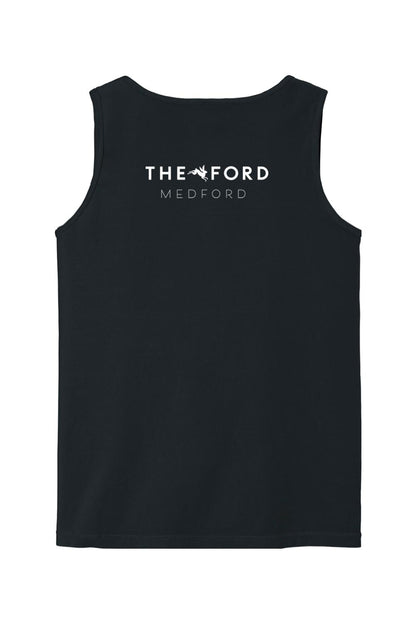 Black Comfort Colors cotton tank top featuring The Ford Medford white logo on the back.