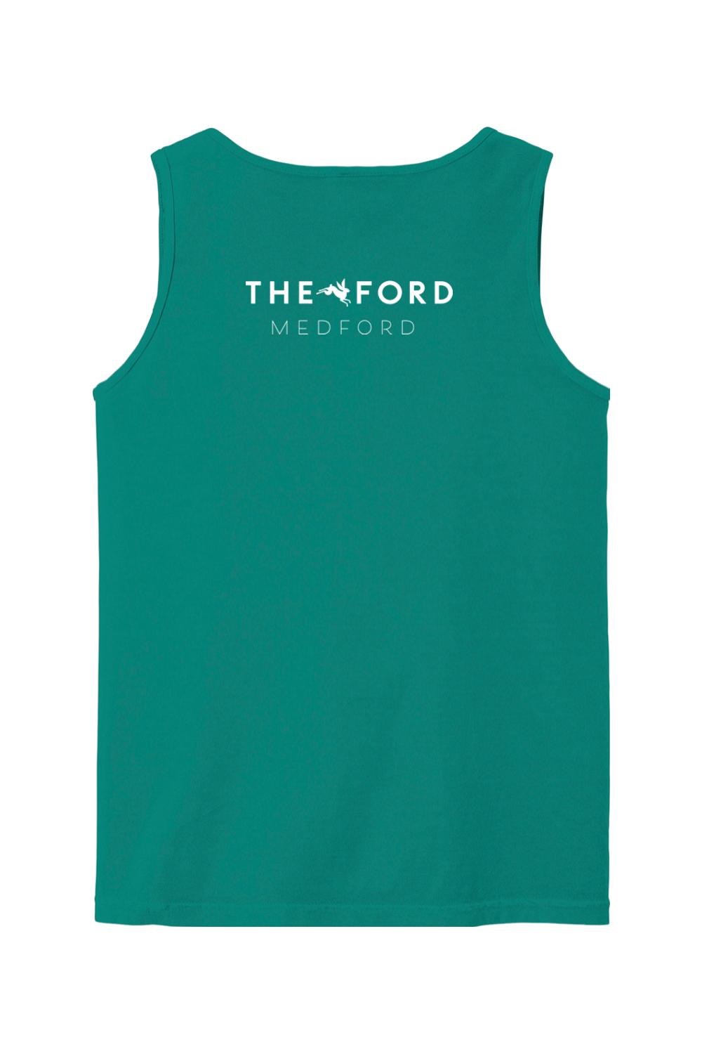 Teal Comfort Colors cotton tank top featuring a white The Ford Medford logo printed on the back.