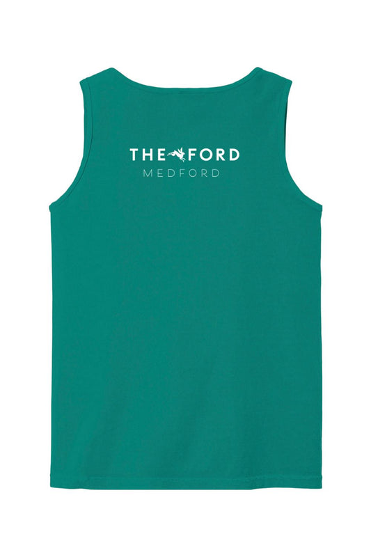 Teal Comfort Colors cotton tank top featuring a white The Ford Medford logo printed on the back.